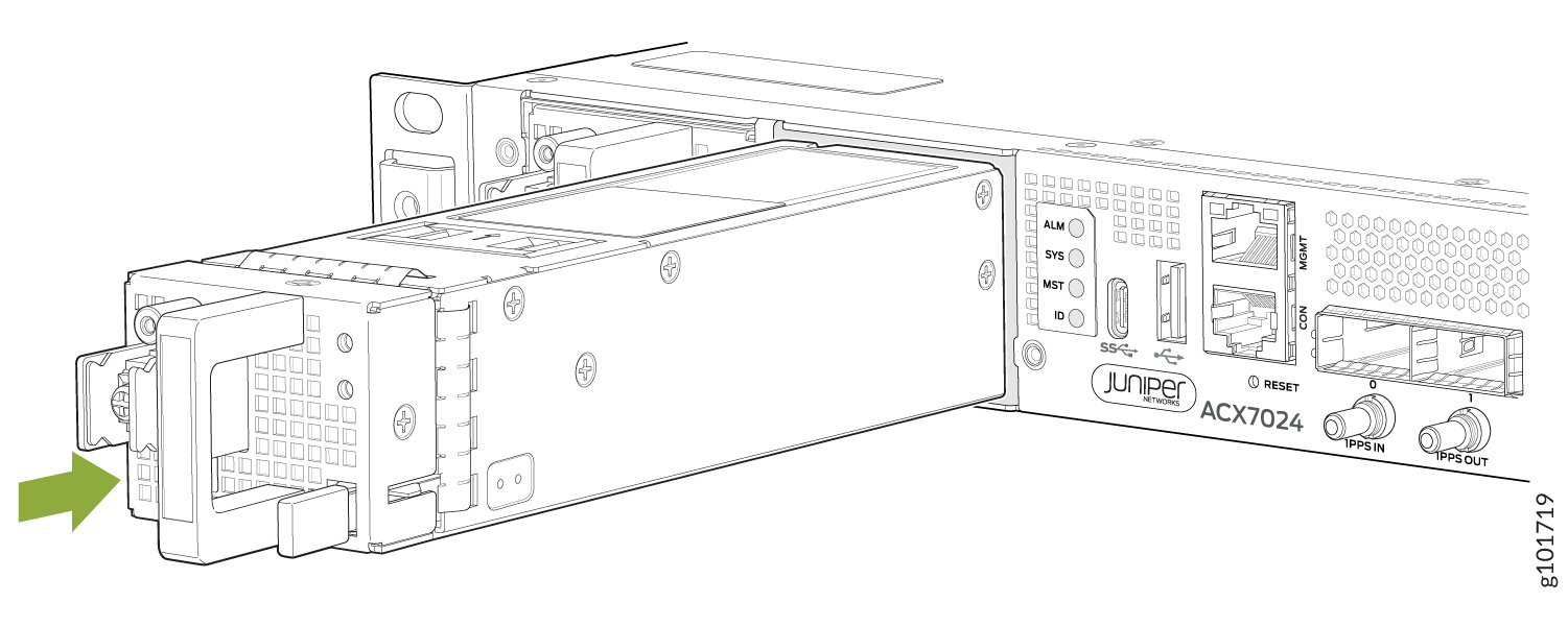Rear panel of Juniper Networks ACX7024 router showing modular component insertion or removal with green arrow. Includes MGMT and CON ports, TPPS IN and OUT connectors, LED indicators for ALM and SYS, and reset button.