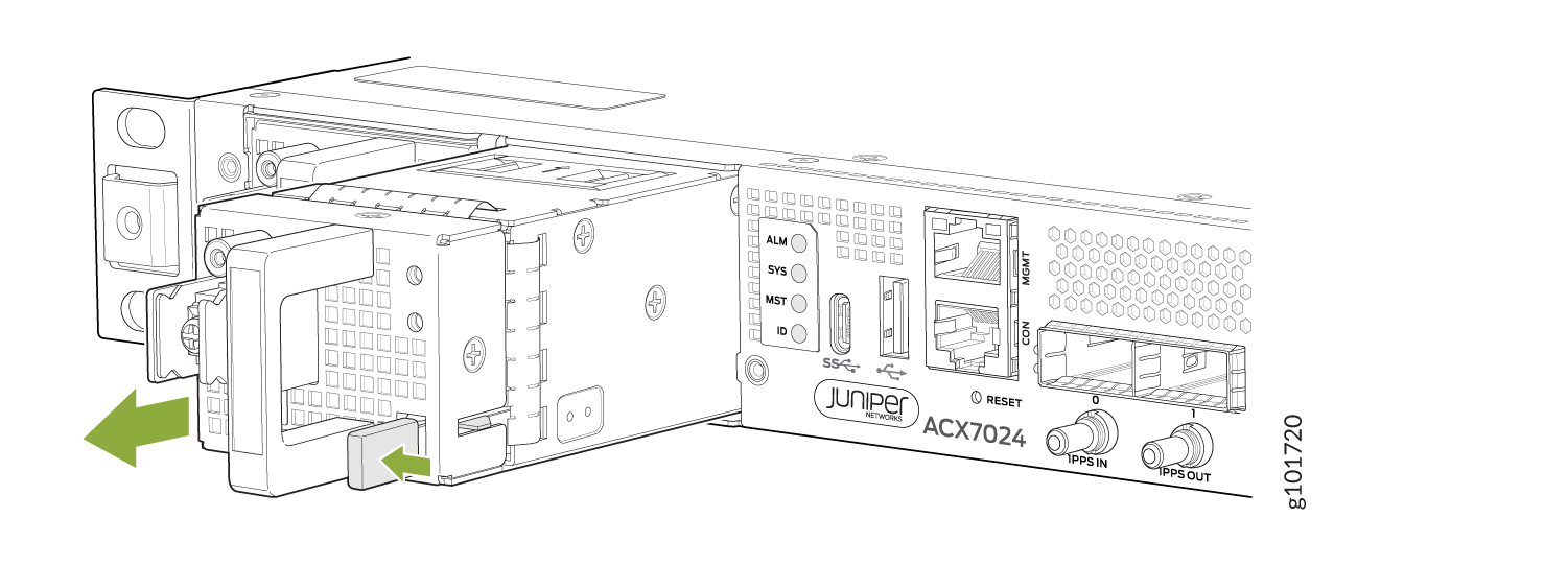 Rear view of Juniper Networks ACX7024 router showing module insertion or removal with green arrows indicating direction. Visible features: Juniper branding, LED indicators ALM, SYS, MST, ID, management ports, 1PPS IN and OUT connectors, ventilation holes.