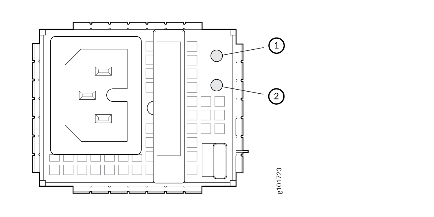 Technical diagram of an electronic component with numbered labels indicating circuit board elements and connector housing features.
