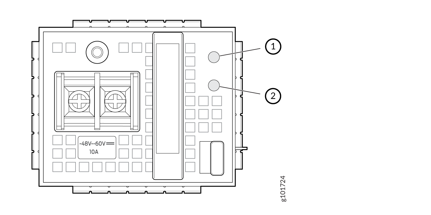 Technical diagram of an electronic module with labeled components 1 and 2, voltage -48V to -60V, and 10A current rating.