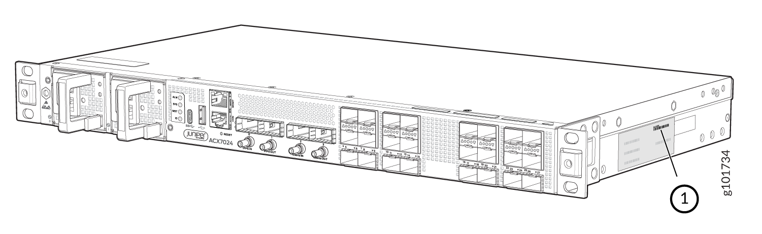 Juniper ACX7024 router line drawing with multiple ports, handles, connectors, indicators, and rack mounting brackets.