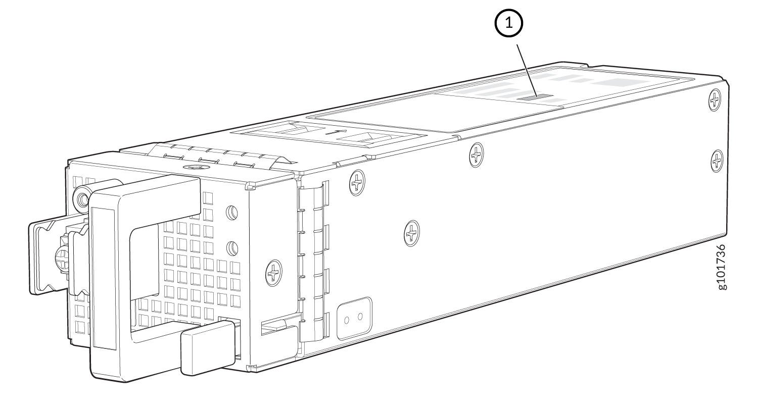 Technical drawing of a modular server power supply unit with a handle for insertion/removal. Labeled section marked as 1.