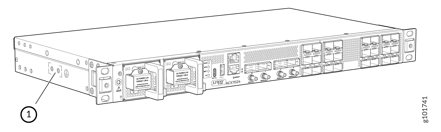 Juniper Networks ACX7024 router line drawing with labelled grounding point, dual DC power modules, network and management ports, reset button, and ventilation.