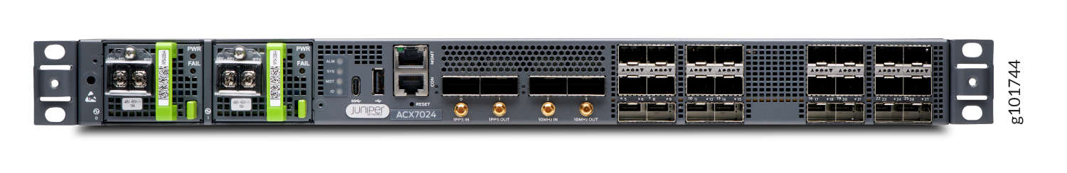 Rear view of Juniper Networks ACX7024 router showing dual power supplies, management ports, clocking ports, and network ports.