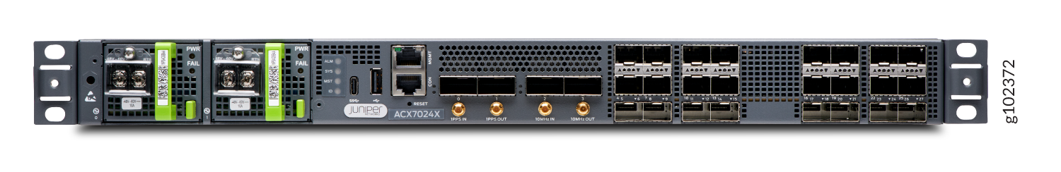 Rear view of Juniper Networks ACX7024X router with dual power supplies, management ports, clocking ports, network ports, cooling vents, and rack mounting brackets.