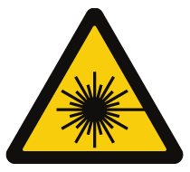 Laser hazard warning sign with yellow triangle and black laser beam symbol alerting to potential laser radiation danger.