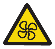 Warning sign: Rotating Blades hazard with yellow background and black propeller symbol.