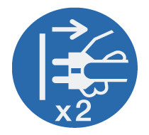 Hand unplugging a plug with an arrow indicating removal from socket and text x2 below.