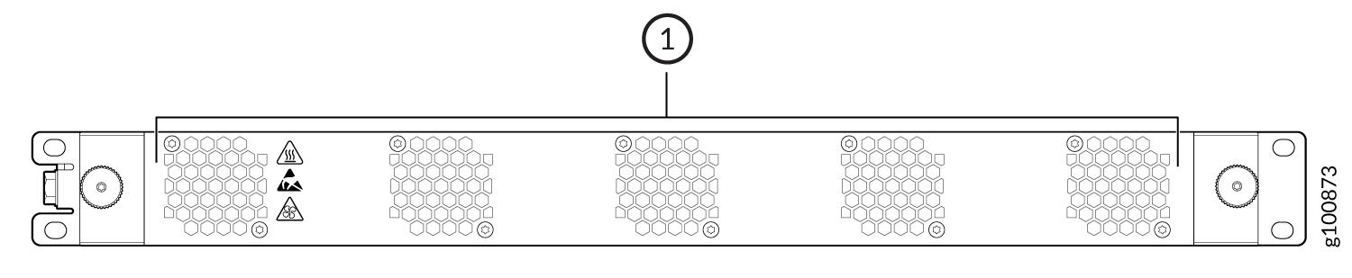Technical diagram of a rack-mounted device with front panel ventilation holes, heat and caution warning symbols, and side handles.