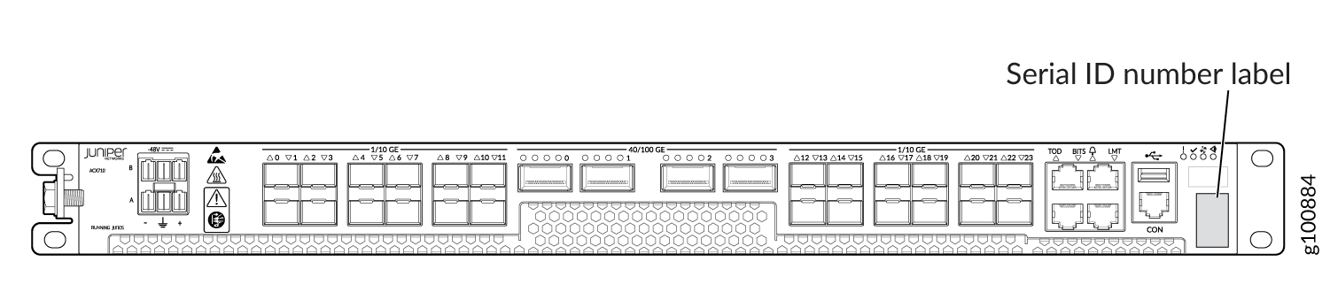 Front panel of Juniper Networks line card with 1/10 GE and 40/100 GE ports, serial ID label, management ports, USB port, status LEDs, and cooling vents.