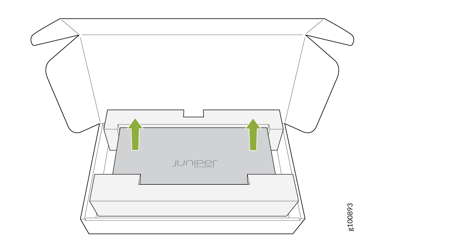 Juniper Networks product box with green arrows showing how to lift the item out as part of unpacking instructions.