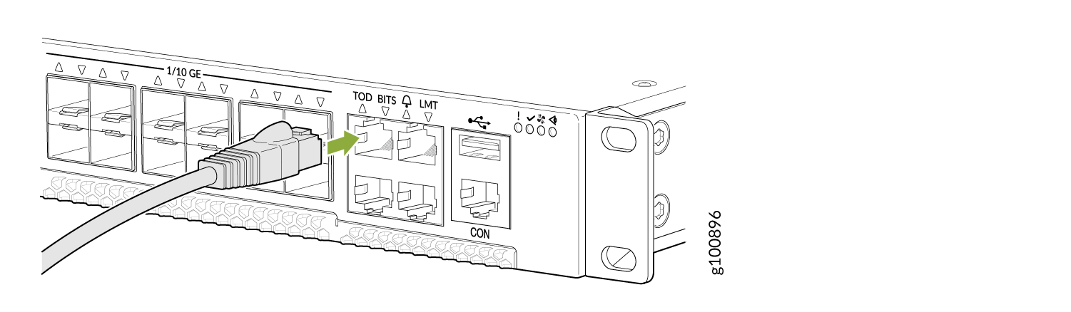 Network device with Ethernet ports labeled 1/10 GE, USB port labeled CON, and an Ethernet cable plugged into port labeled TOD BITS LMT.