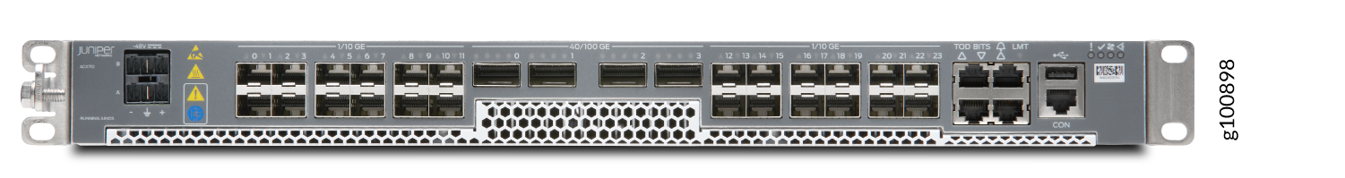 Juniper Networks router or switch module with 1/10 GE and 40/100 GE ports, RJ45 ports, redundant power inputs, cooling system, and management ports.