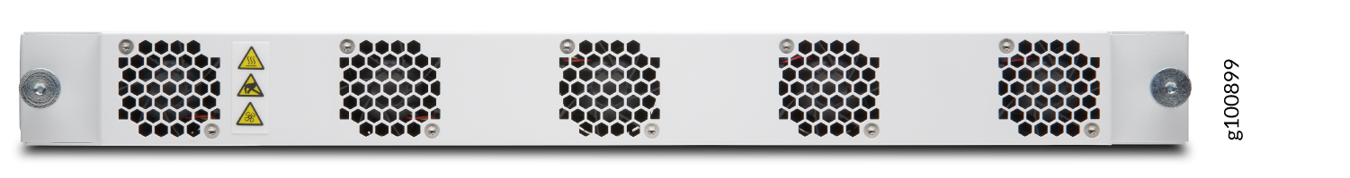Rear panel of rack-mounted device with four cooling fans, hexagonal grilles, heat and electrical warning labels, and number 8100899.