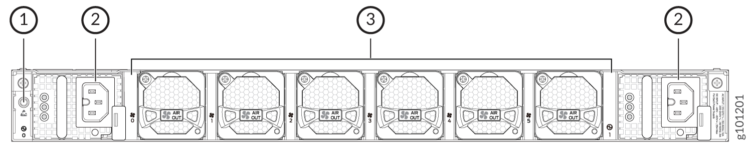 Technical diagram of rear view of server chassis showing power button and status indicators, dual power supply units for redundancy, and cooling fans with airflow direction labeled AIR OUT.