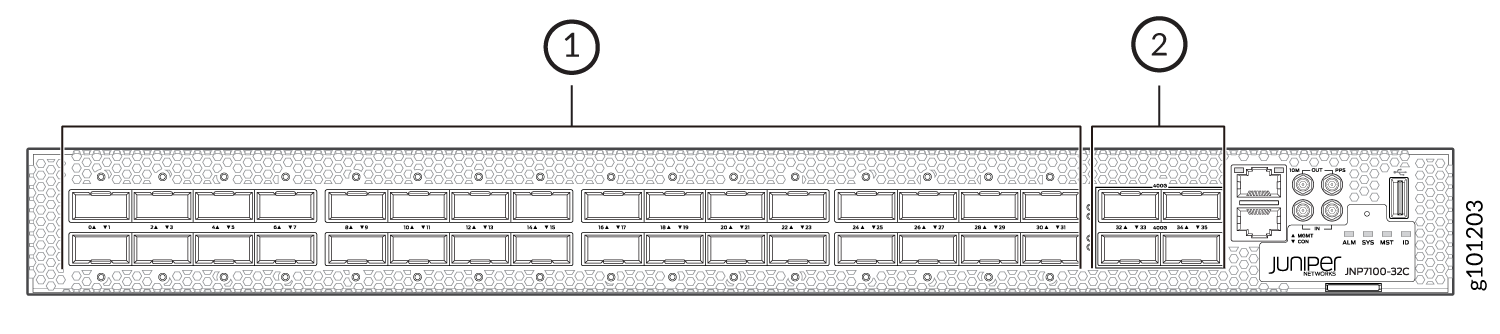 Front panel of Juniper Networks JNP7100-32C switch with 32 QSFP28 ports for 100GbE, management interfaces, and status LEDs.