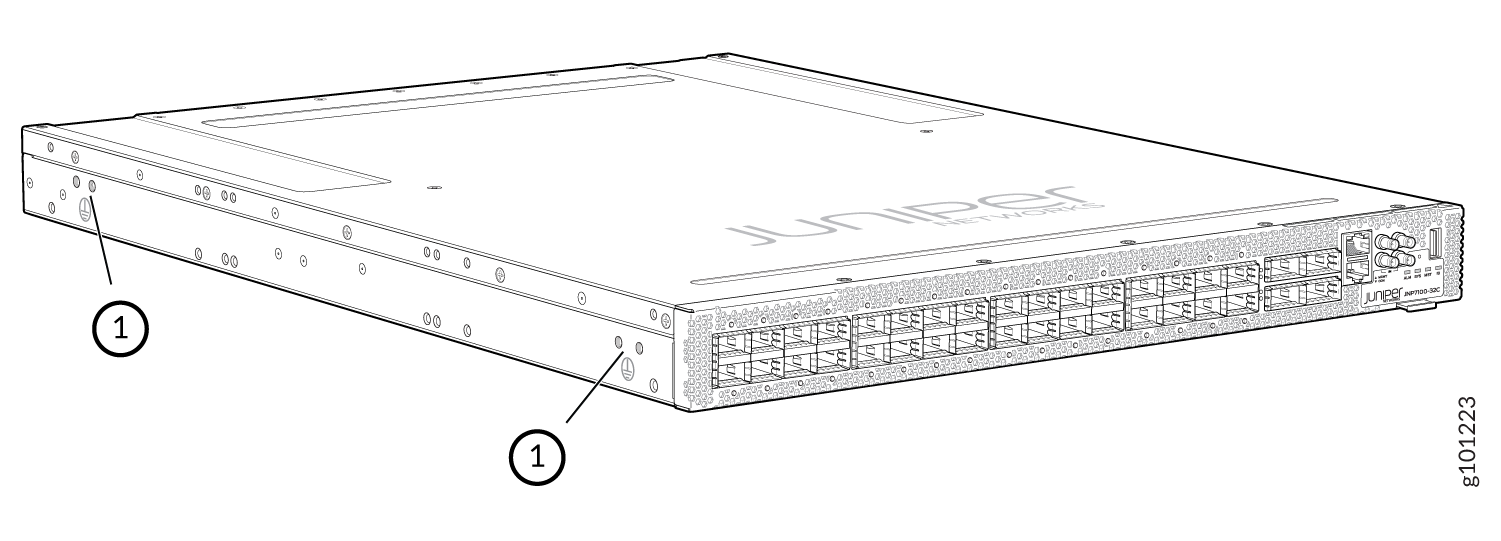 Juniper Networks NFX250 network switch with front panel ports, LEDs, buttons, and rack-mounting points.