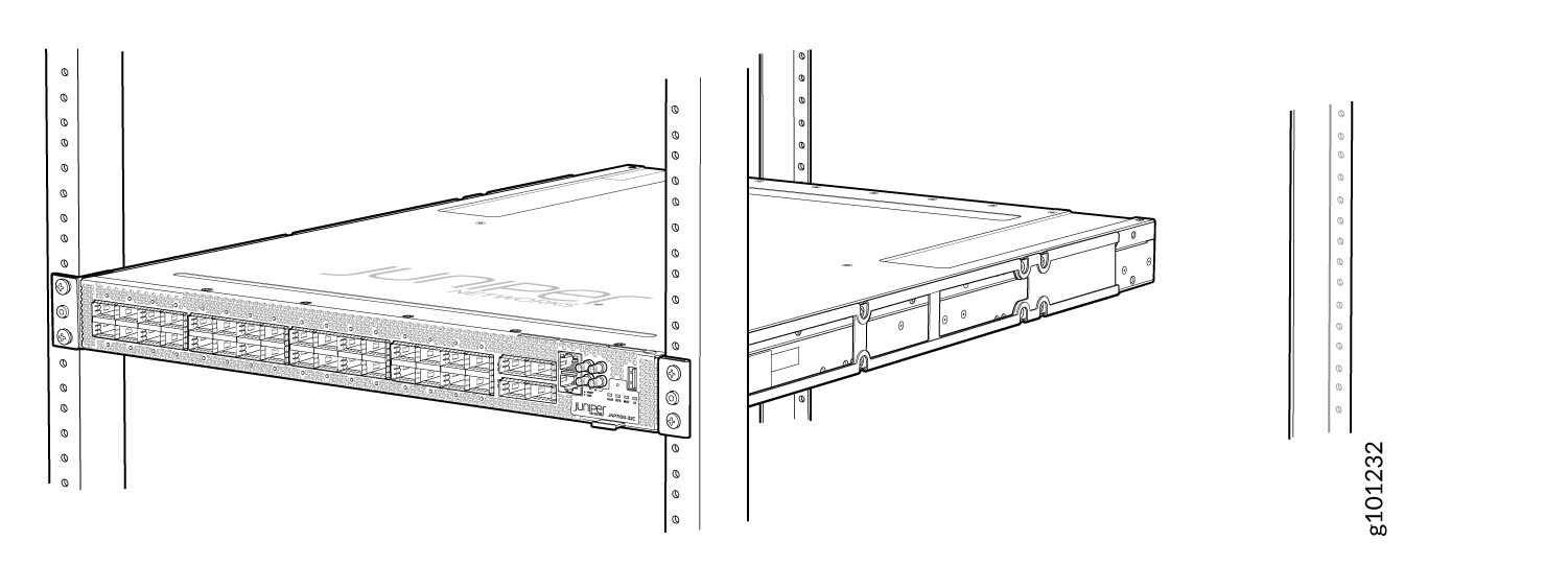 Juniper Networks switch with multiple ports mounted in a server rack for managing network traffic.