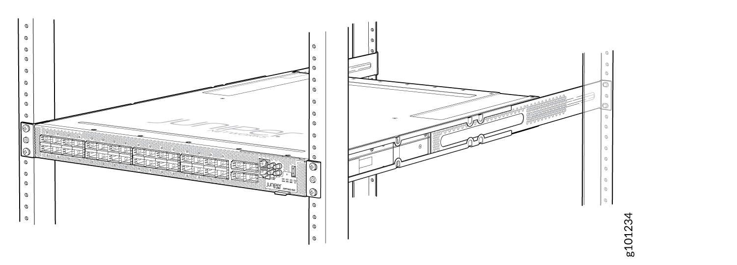 Juniper Networks switch or router with multiple Ethernet or fiber optic ports in a server rack.