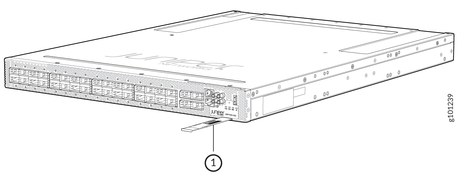 Juniper Networks MX10003 router with multiple network ports and a pull-out tab for installation.