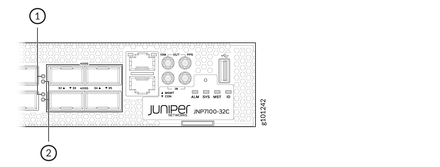 Front panel of Juniper Networks JNP7100-32C with 4 labeled 400G ports, management ports, LED indicators, and clock ports.