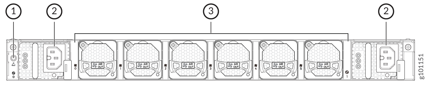 Rear view diagram of server chassis showing power button with indicators, two redundant power supply units, and cooling fans labeled AIR OUT for airflow direction.
