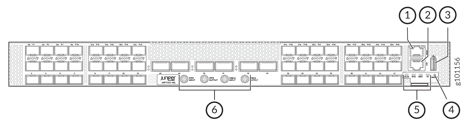 Technical diagram of Juniper JNP7100-48L rear panel with labeled ports and components for connectivity including power supply, management ports, network ports, status LEDs, and specialized I/O ports for timing synchronization.