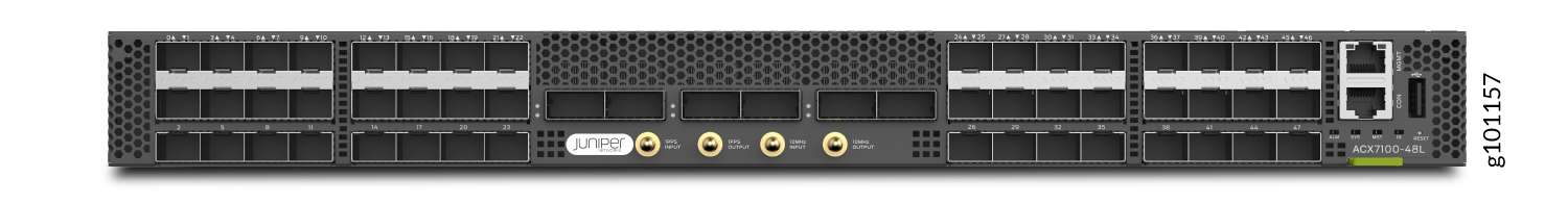 Juniper Networks ACX7100-48L network switch with multiple Ethernet ports and indicators for network management.