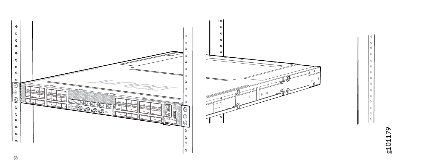 Juniper Networks rack-mounted switch or router with multiple network ports and indicators installed in a server rack.