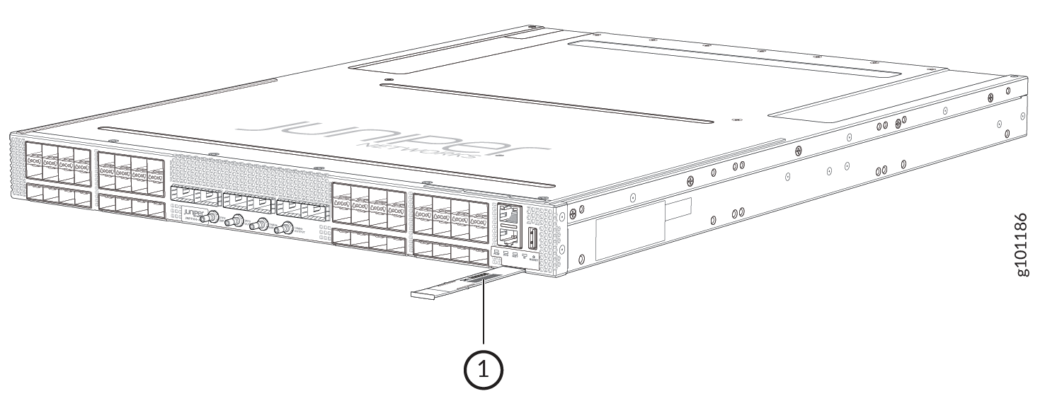 Juniper Networks high-performance switch with pull-out tab for installation and multiple network ports including Ethernet and USB.