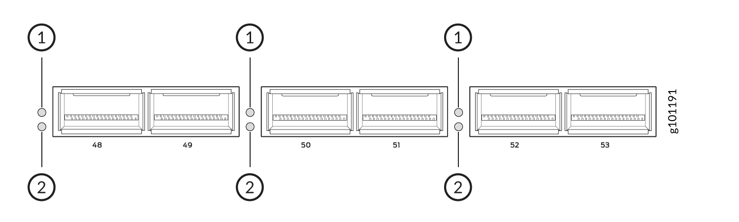Technical diagram of a modular system with labeled units 48 to 53, possibly ports or connectors. Circles 1 and 2 indicate connection points.