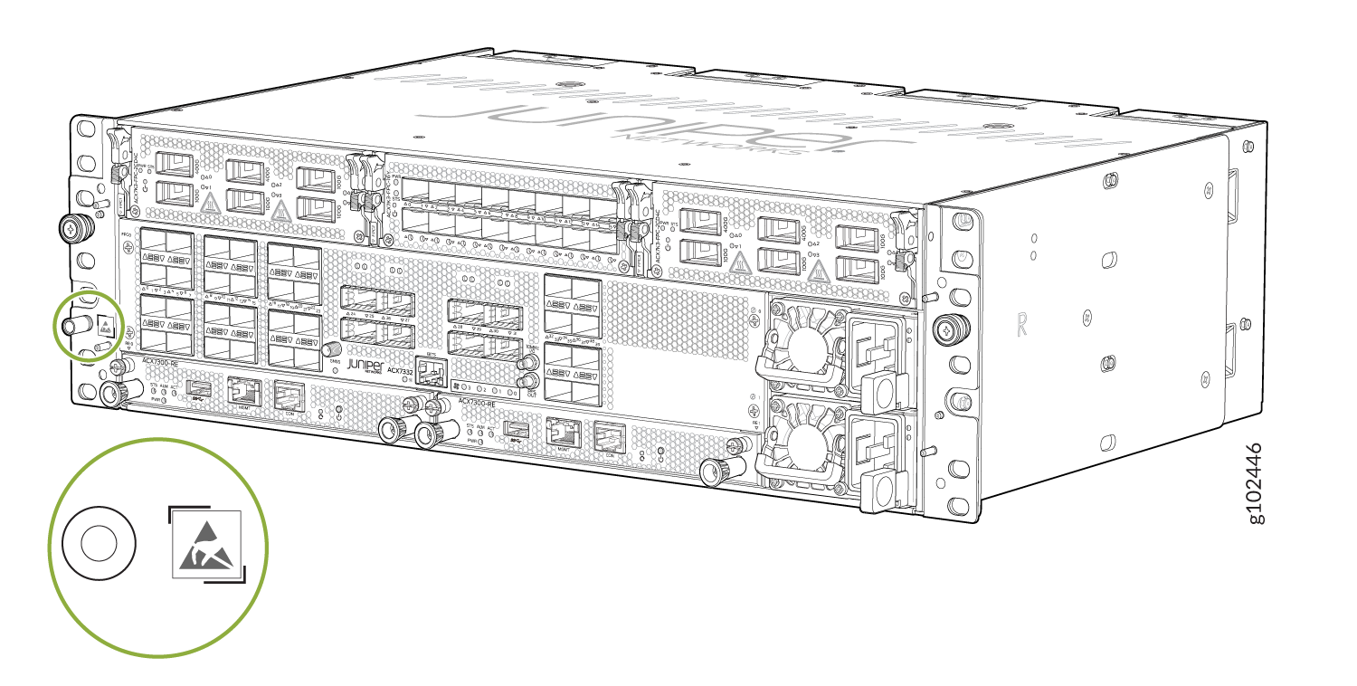 Juniper Networks ACX7100-32C router front panel with optical ports, cooling fans, management ports, power connectors, and green circle highlighting a key component.