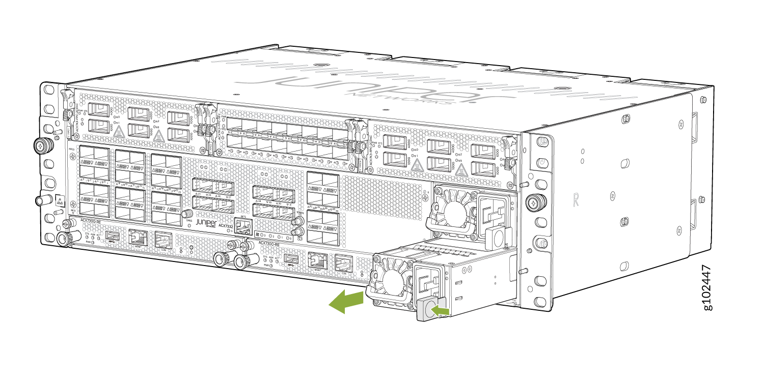 Front view of Juniper Networks ACX3000 router showing labeled ports, slots, and components with arrows indicating component insertion or removal directions.