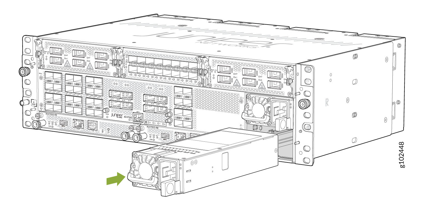 Juniper Networks ACX Series router front panel with ports, slots, and modular power supply unit being inserted or removed.