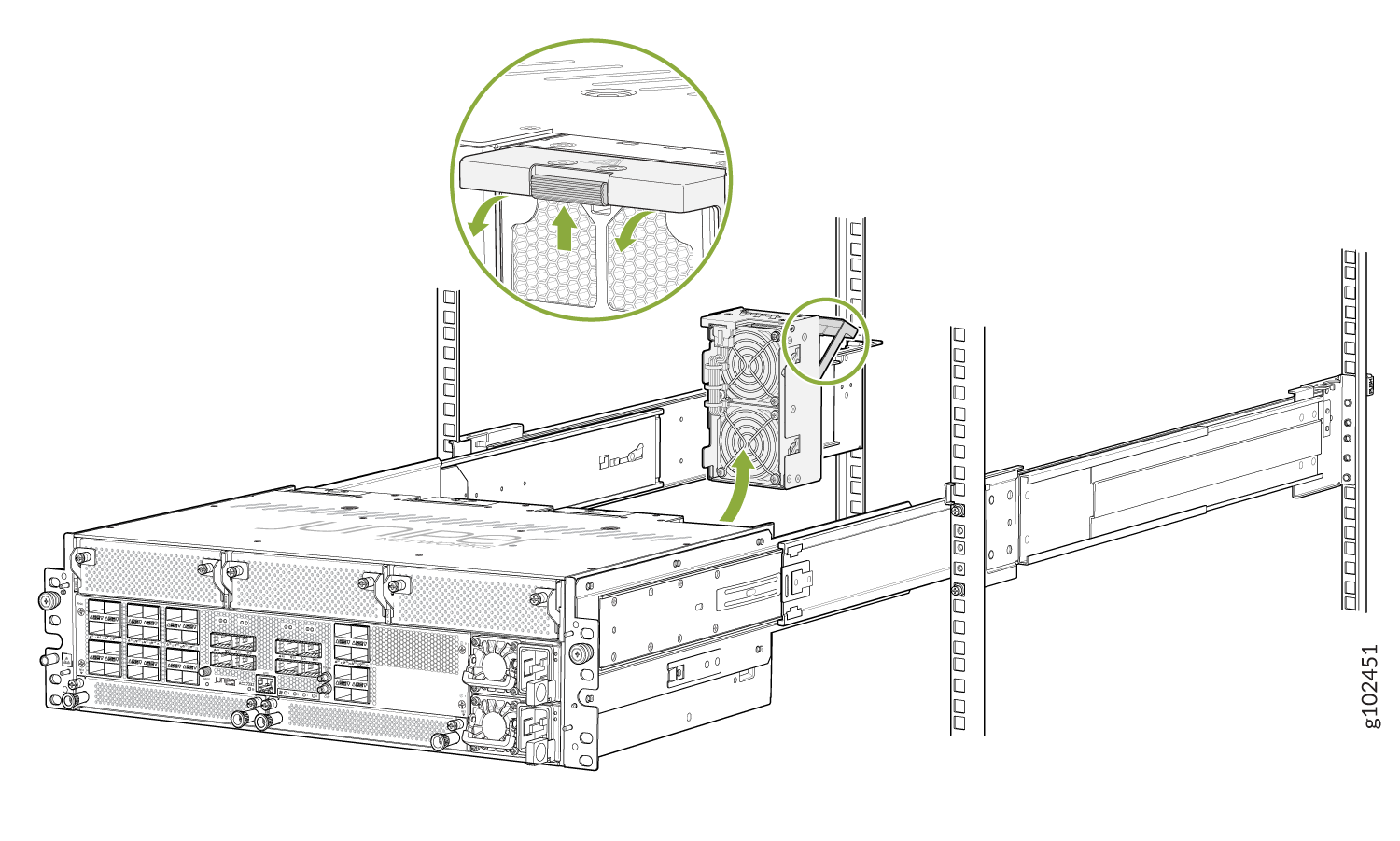 Server rack illustration showing fan module installation or removal with directional arrows.