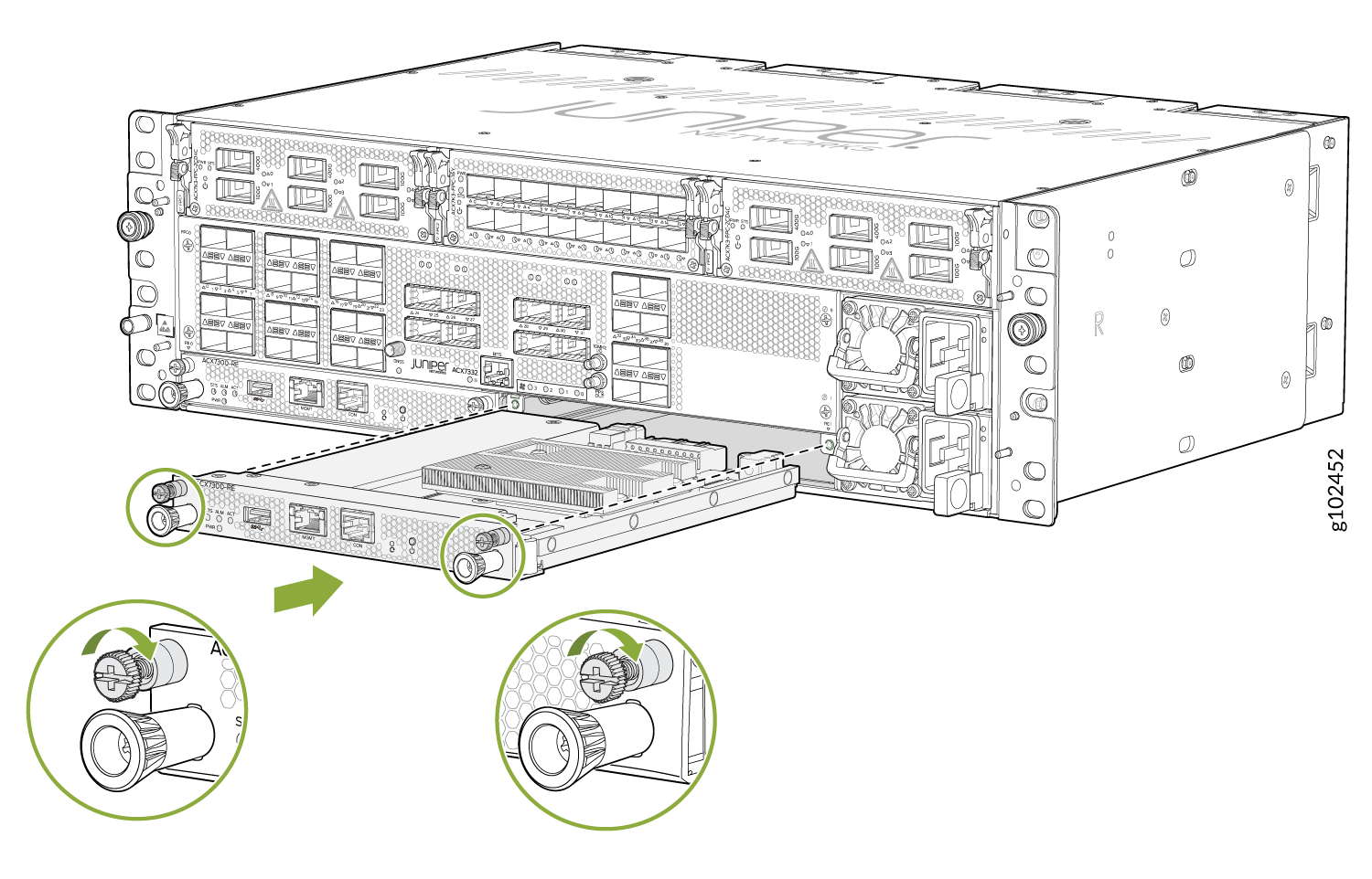 Juniper Networks router chassis with line card insertion. Green circles indicate screws for securing module.