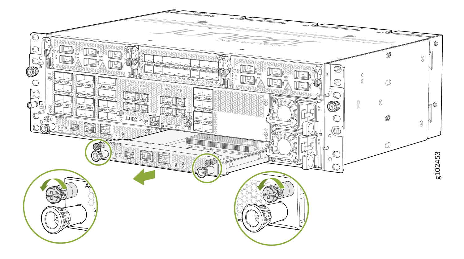 Technical illustration of installing or removing a component from a Juniper Networks ACX Series router, highlighting screws with green arrows.