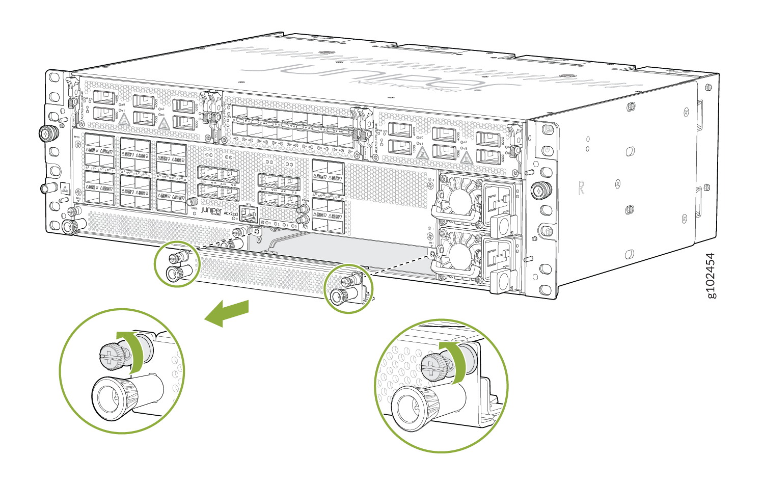 Juniper Networks hardware component showing installation of grounding lug onto chassis with screws for safety and interference prevention.