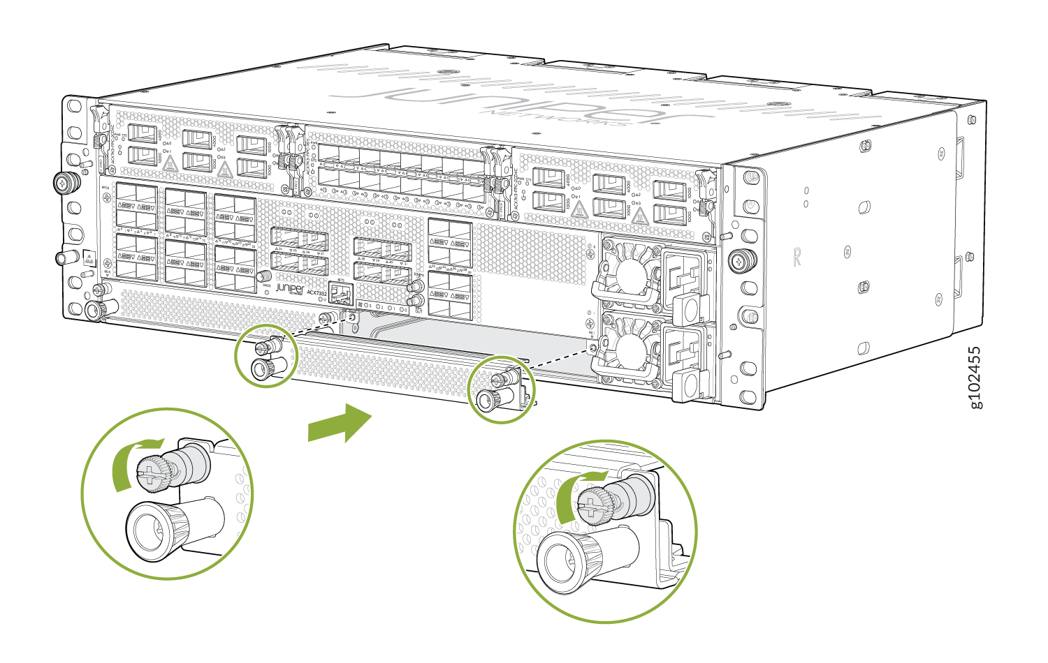 Juniper Networks device front panel with ports and modules. Arrows show connector movement. Green circles highlight maintenance areas.