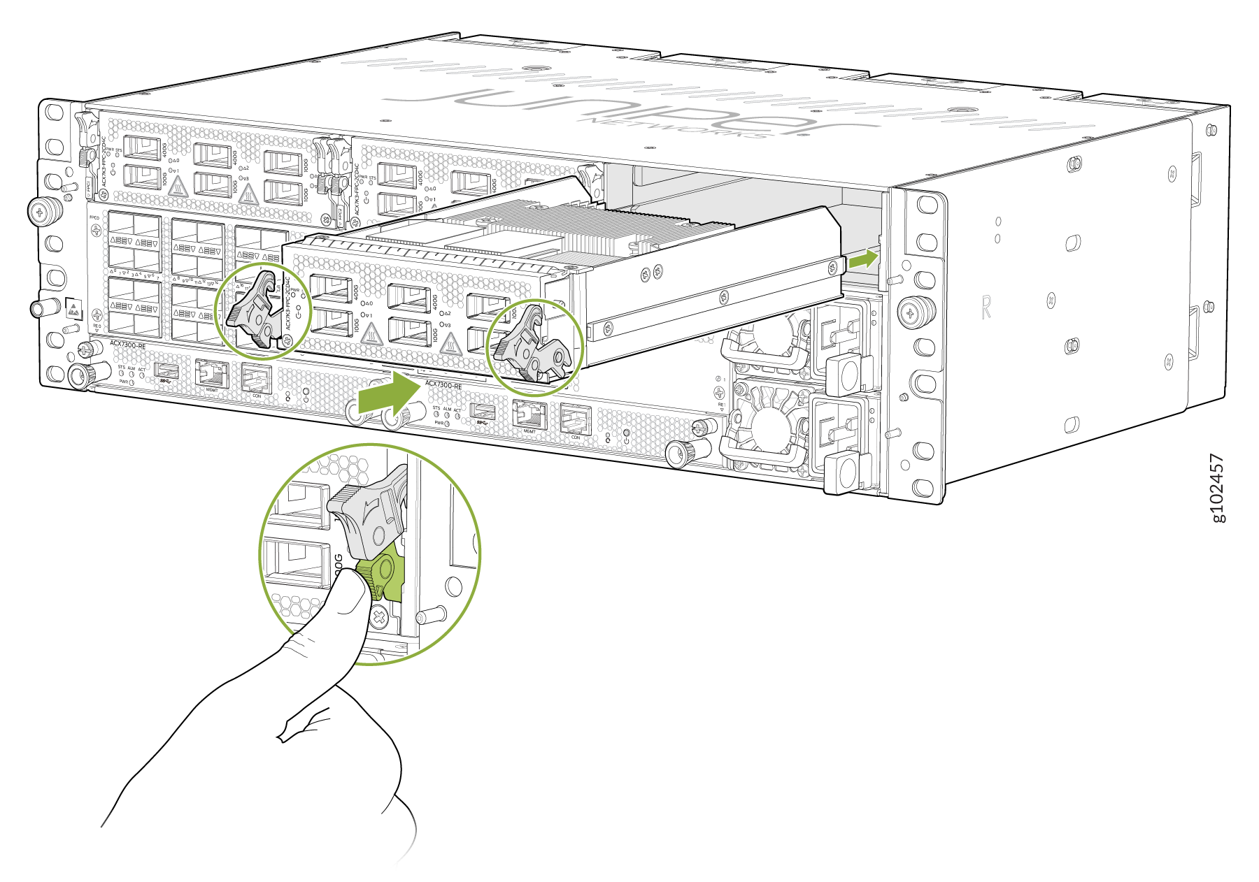 Technical illustration of a modular card being inserted into a device slot with green arrows indicating steps and a latch mechanism inset.