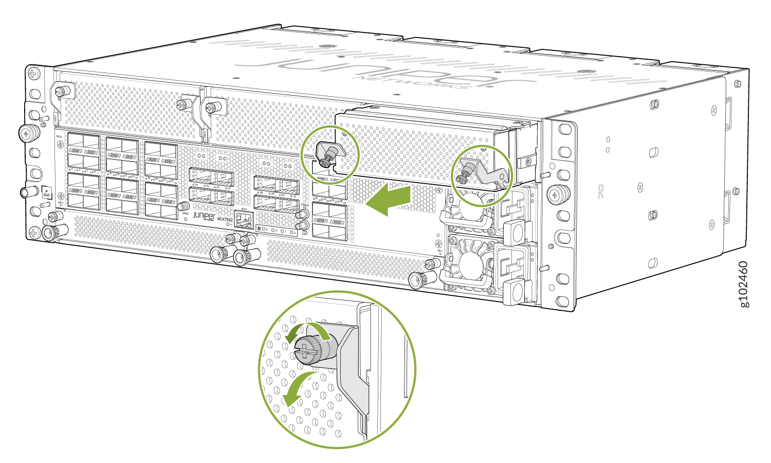 Rear view of Juniper Networks ACX7000 series router showing module or fan tray removal or installation. Green arrows and circles highlight latches or screws. Inset provides close-up of latch mechanism.