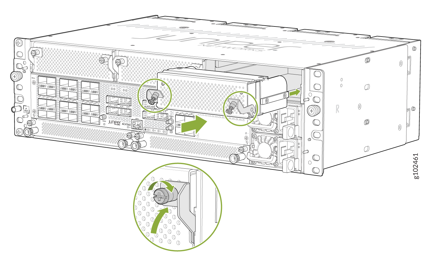 Juniper Networks device illustration showing steps to remove or install a power supply unit with arrows and insets for guidance.