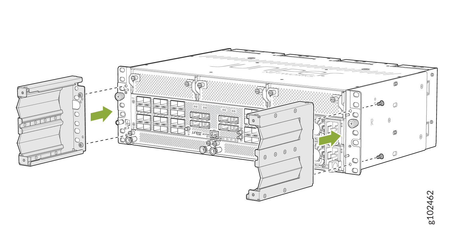 Juniper Networks router showing how to attach or remove mounting brackets with green arrows indicating direction for rack-mounting.