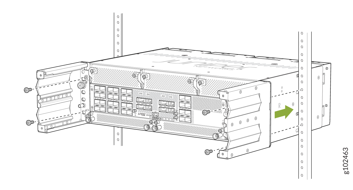 Rack-mounted Juniper Networks device installation with green arrow guiding direction and labeled ports for network connections.