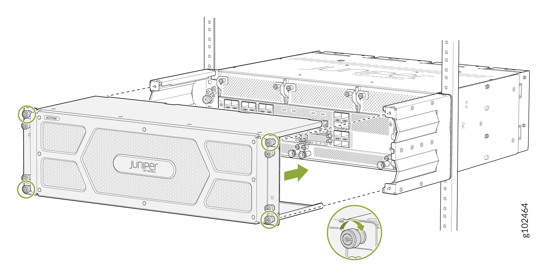 Juniper Networks ACX7348 router being installed or removed from rack; screws in green indicate where to tighten or loosen.