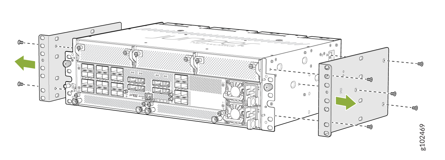 Juniper Networks device with brackets and screws for rack mounting, green arrows show direction for bracket attachment.