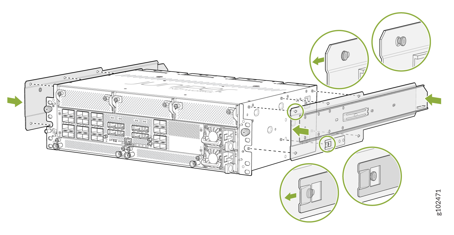Technical illustration of a Juniper Networks device being installed in a server rack; green arrows highlight mounting components.