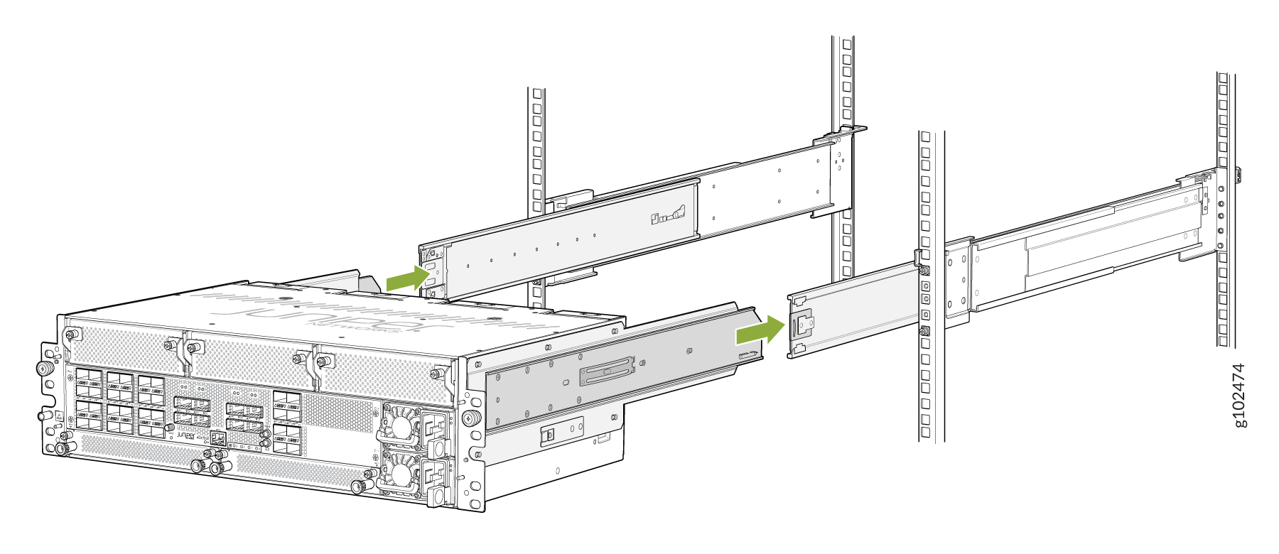 Installing a rack-mounted network device into server rack with green arrows indicating insertion direction.