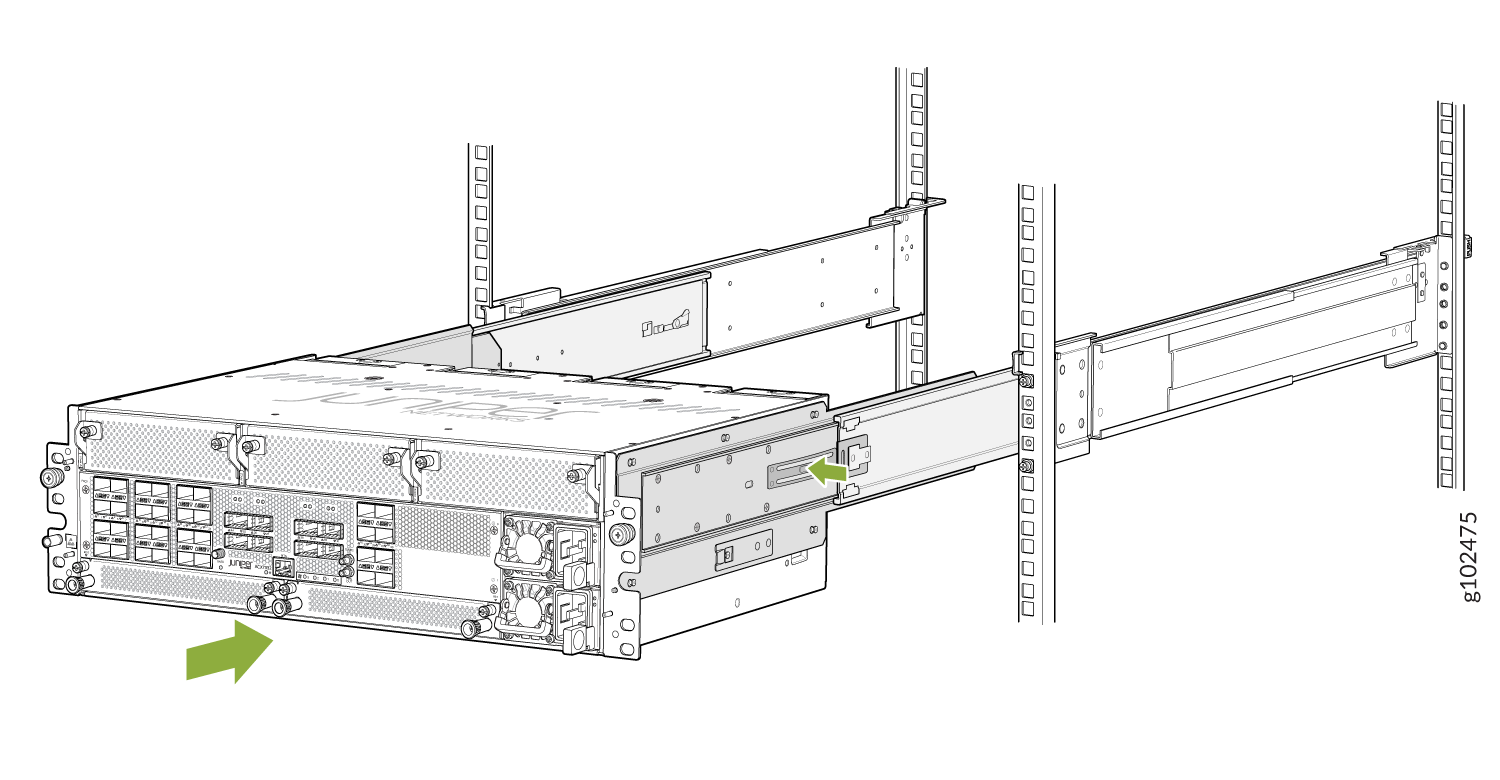 Network device on sliding rails in server rack with green arrows indicating securing and alignment actions.
