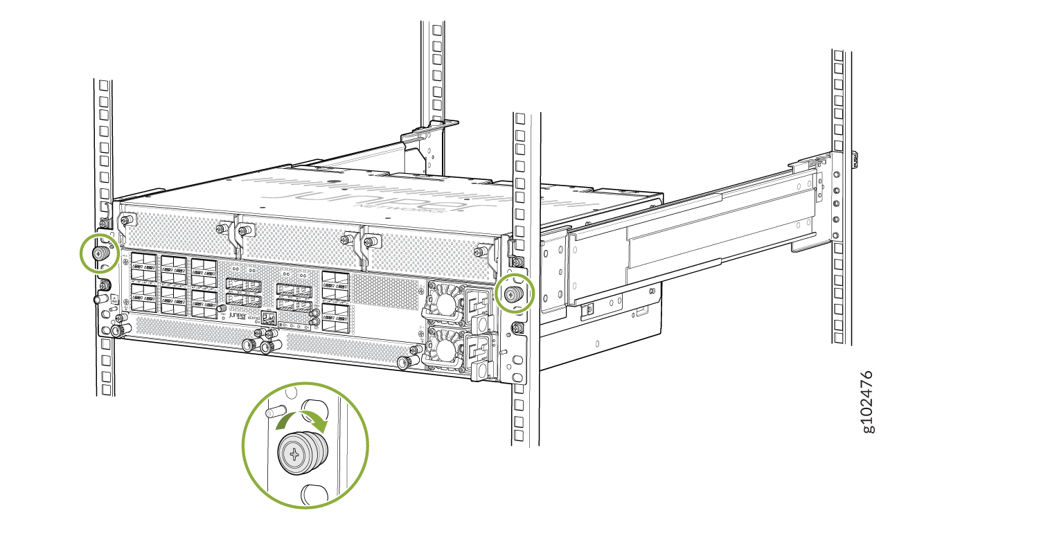 Rear view of server equipment on a rack showing ports and fans. Green circles highlight screws securing the device. Inset shows close-up of a screw.